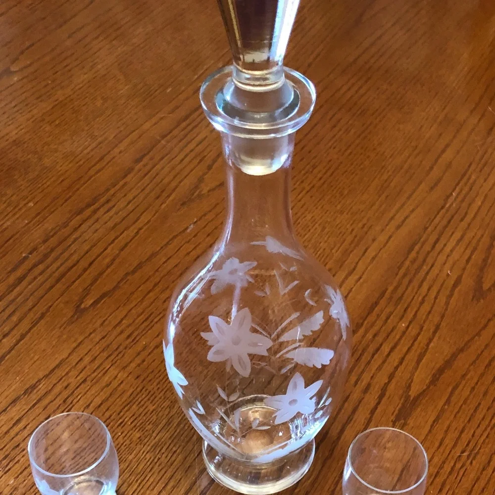 Vintage Clear Glass Etched Decanter and Six Shot Glasses